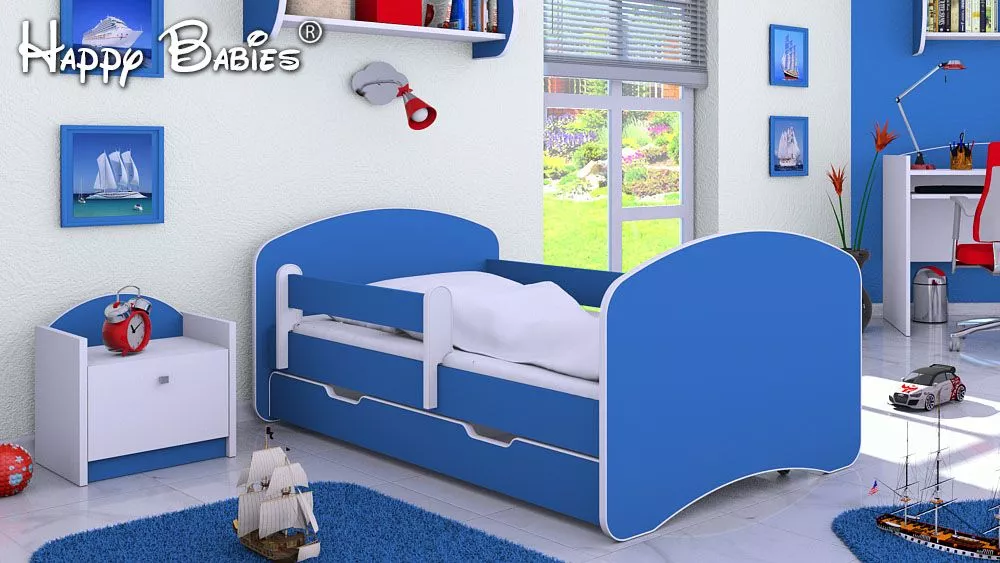 Bērnu gulta Happy L02 Color 140x70 ar stelāžu Guļamvietas platums: 70 cm, Guļamvietas garums: 140 cm, · Zila · 82 × 144 