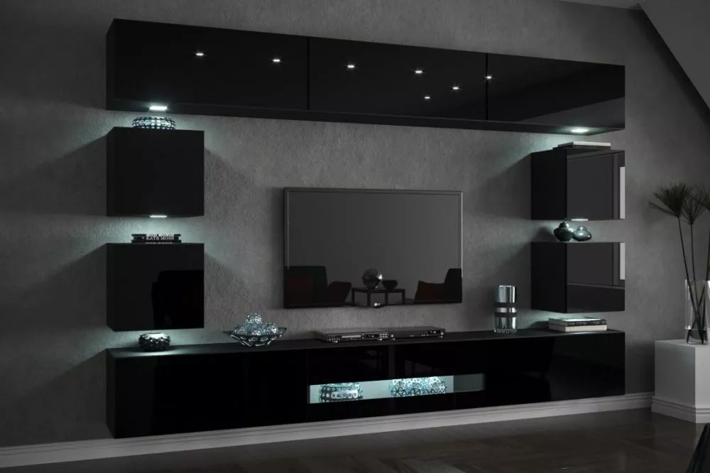 Sekcija Concept 80 gloss ar LED · Melns · 273 × 35 × 184 cm