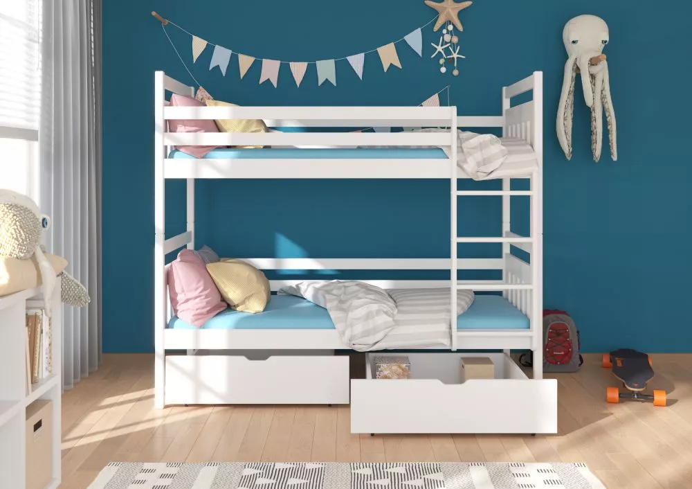 Bērnu gulta Ada ar stelāžām Guļamvietas platums: 90 cm, Guļamvietas garums: 200 cm, · Balts · 97 × 208 × 164 cm