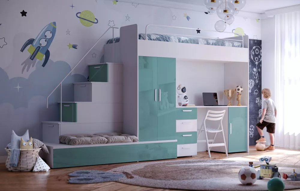 Bērnu gulta Raj 5 W gloss ar stelāžu Guļamvietas platums: 80 cm, Guļamvietas garums: 200 cm, · 85 × 324 × 180 cm