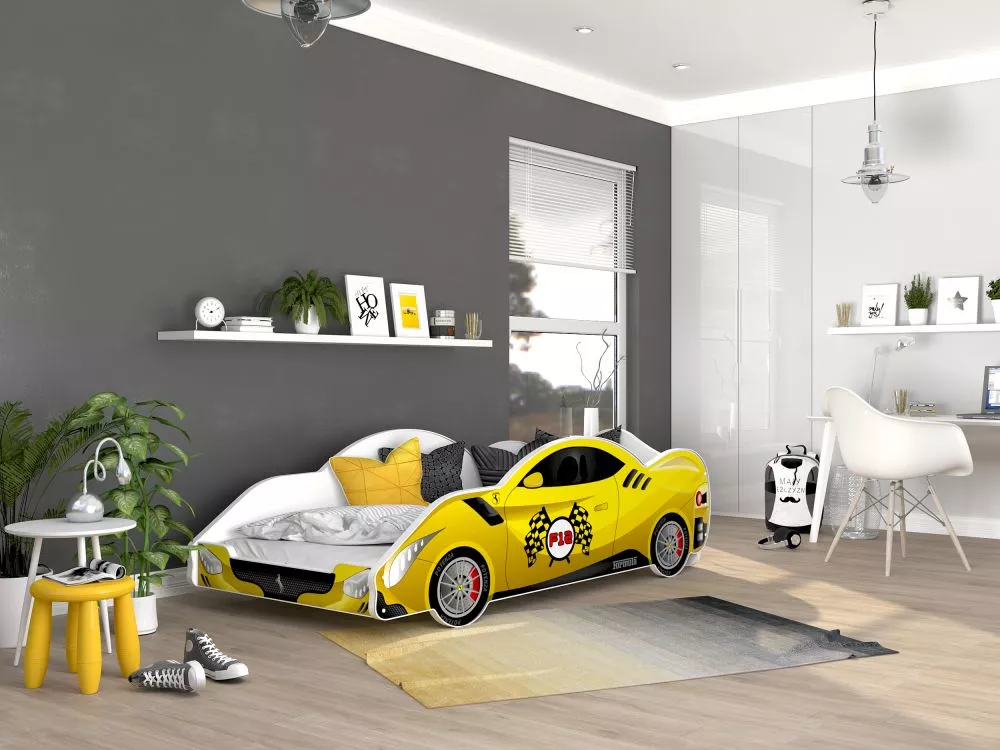 Bērnu gulta Cars 90x180 ar stelāžu Guļamvietas platums: 90 cm, Guļamvietas garums: 180 cm, · Dzeltens · 94 × 203 × 61 cm