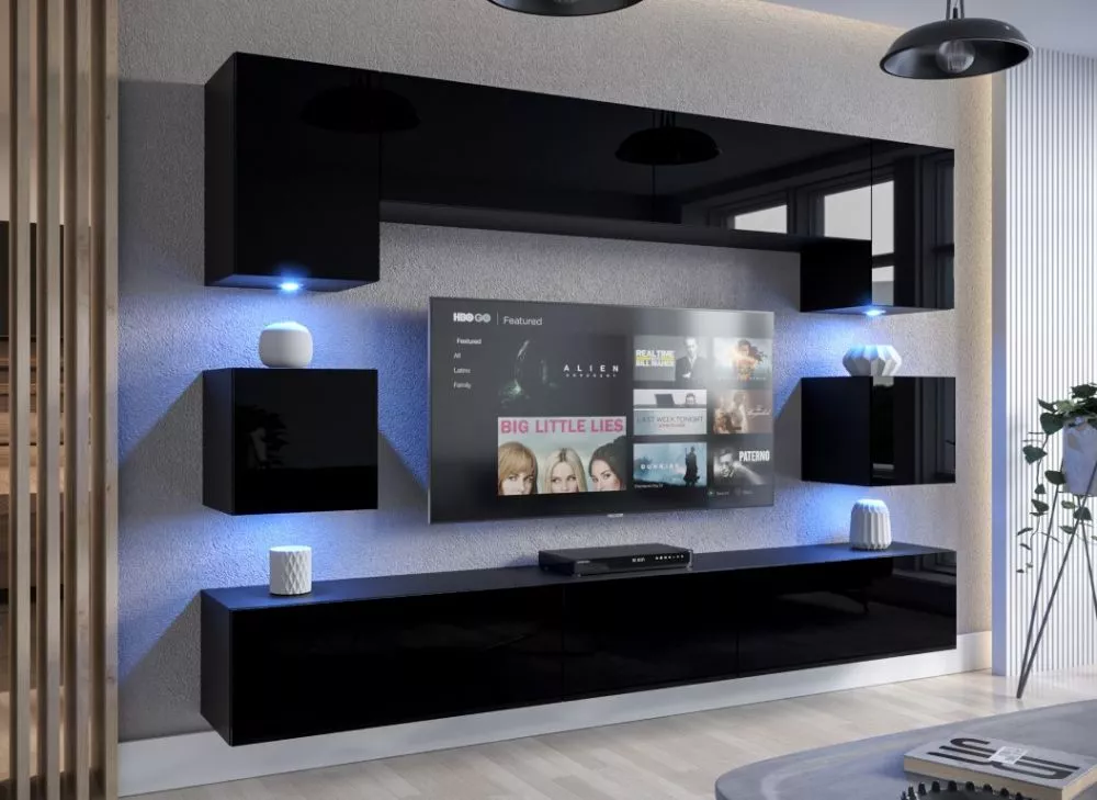 Sekcija Next 1 ar LED gloss · Melns · 257 × 35 × 187 cm