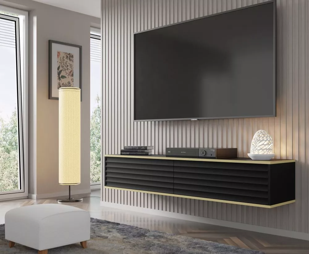 TV tumba Wabi · Melns · 180 × 40 × 33 cm