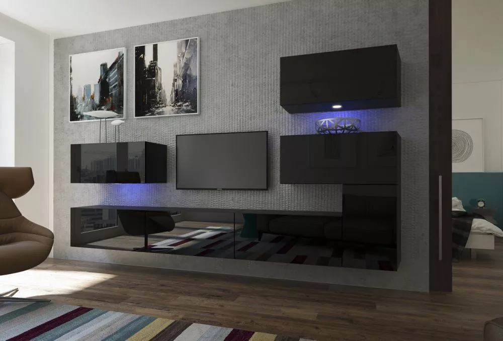 Sekcija Next 123 ar LED · Melns · 286 × 35 × 182 cm