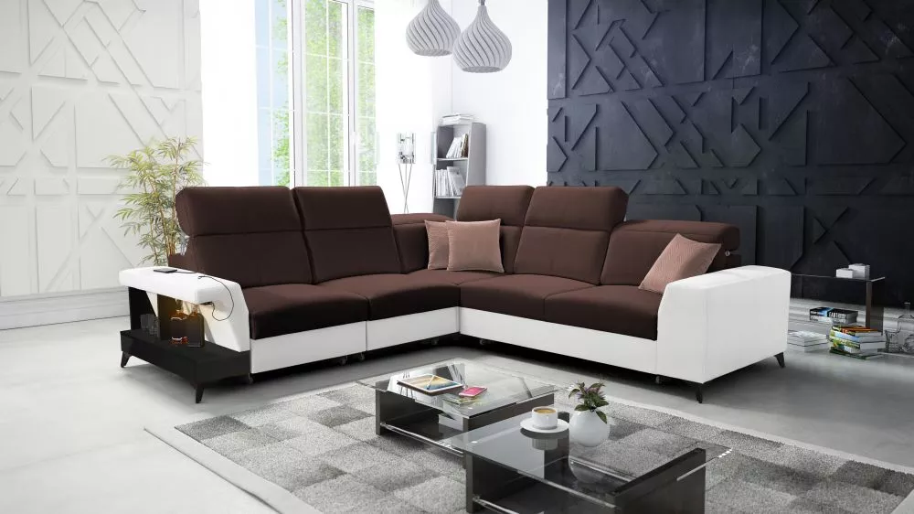 Dīvāns Belutti 3 Satin Black Standard ar LED · Tumši brūns + balts · 288 × 288 × 84 cm
