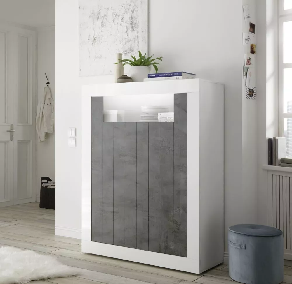 Grāmatu skapis Urbino KW2D ar LED Korpusa krāsa: balts, Elementu krāsa: tumšais betons, · 110 × 42 × 144 cm