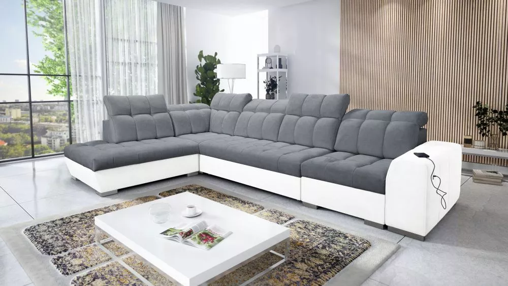 Dīvāns Pagano 11 Premium Standard · Tumši pelēks + balts · 225 × 360 × 83 cm