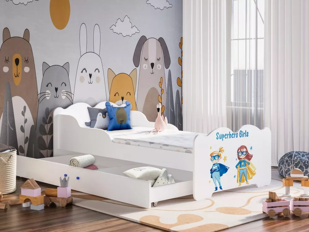 Bērnu gulta Superhero girls ar stelāžu Guļamvietas platums: 70 cm, Guļamvietas garums: 140 cm, · Balts · 82 × 144 × 57 c