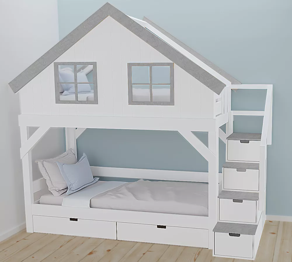 Bērnu gulta 110P ar stelāžām Kāpņu puse: Pa labi, Guļamvietas platums: 80 cm, Guļamvietas garums: 160 cm, · 112 × 217 × 