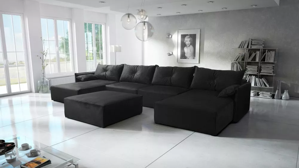 Dīvāns Leon U Standard ar pufu · Melns · 179 × 420 × 85 cm