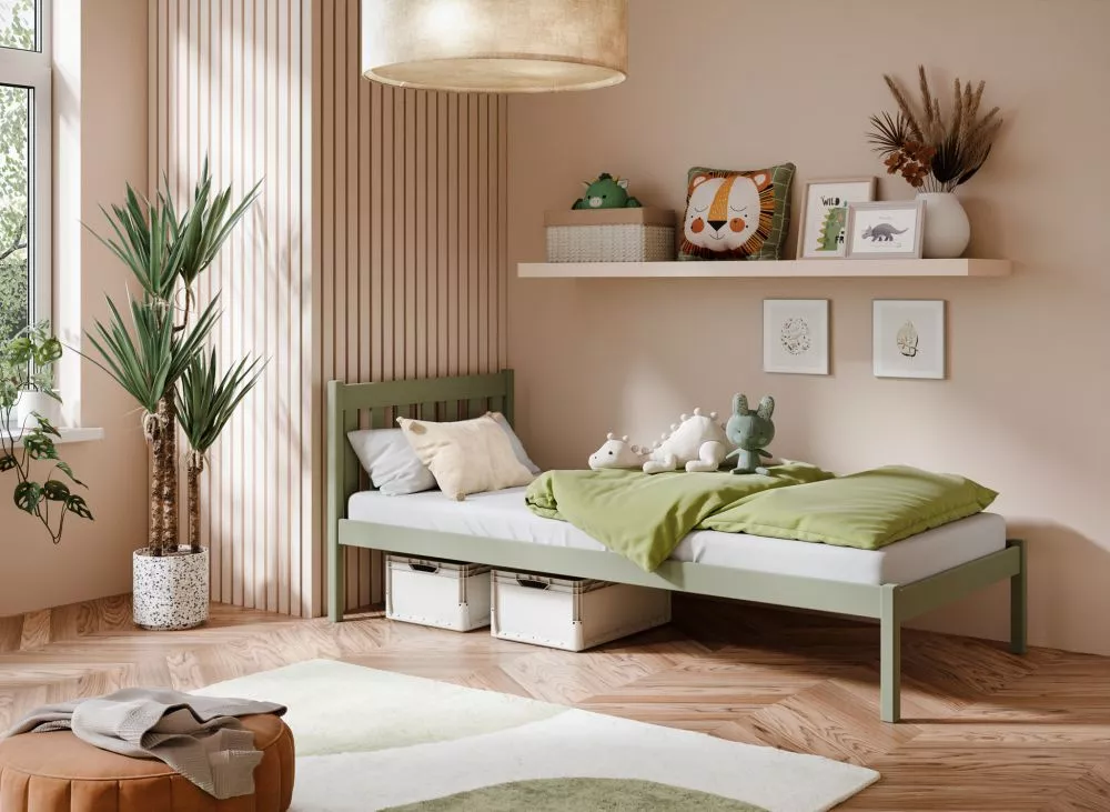 Bērnu gulta Martin 90x200 ar stelāžu Guļamvietas platums: 90 cm, Guļamvietas garums: 200 cm, · Olīvu · 96 × 208 × 89.5 c