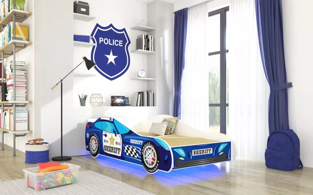 Bērnu gulta Car 2 Sheriff ar LED un stelāžu · Daudzkrāsains · 74 × 153 × 48 cm