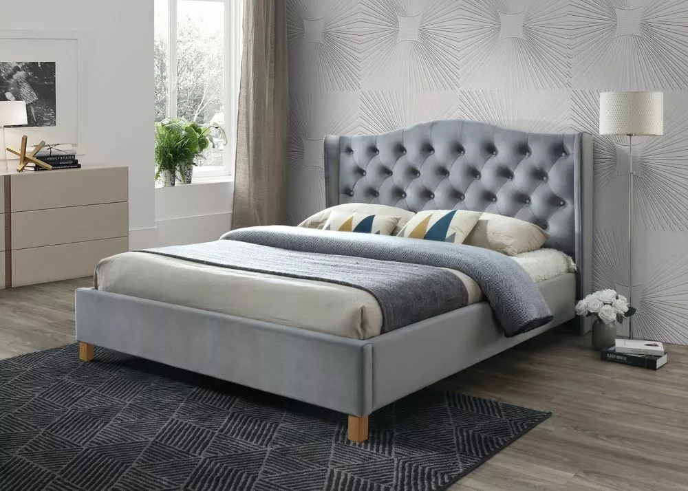 Gulta Aspen Velvet ar stelāžu Guļamvietas platums: 180 cm, Guļamvietas garums: 200 cm, · Pelēks · 198 × 216 × 124 cm