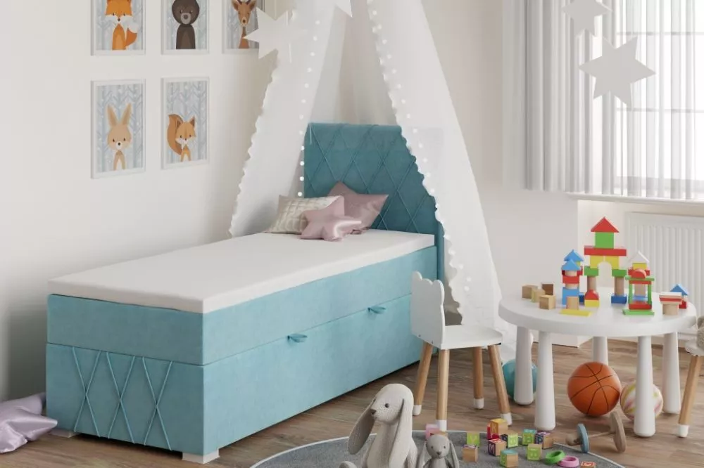 Gulta Royal Boxspring Standard Guļamvietas platums: 90 cm, Guļamvietas garums: 200 cm, · Gaiši zils · 105 × 210 × 120 cm