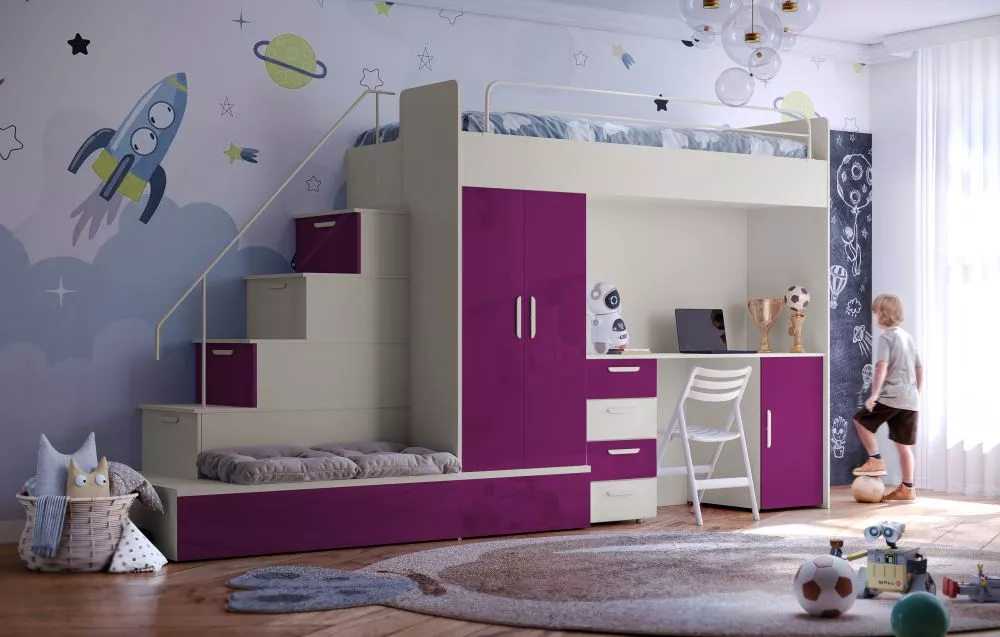 Bērnu gulta Raj 5 C gloss ar stelāžu Guļamvietas platums: 80 cm, Guļamvietas garums: 200 cm, · 85 × 324 × 180 cm
