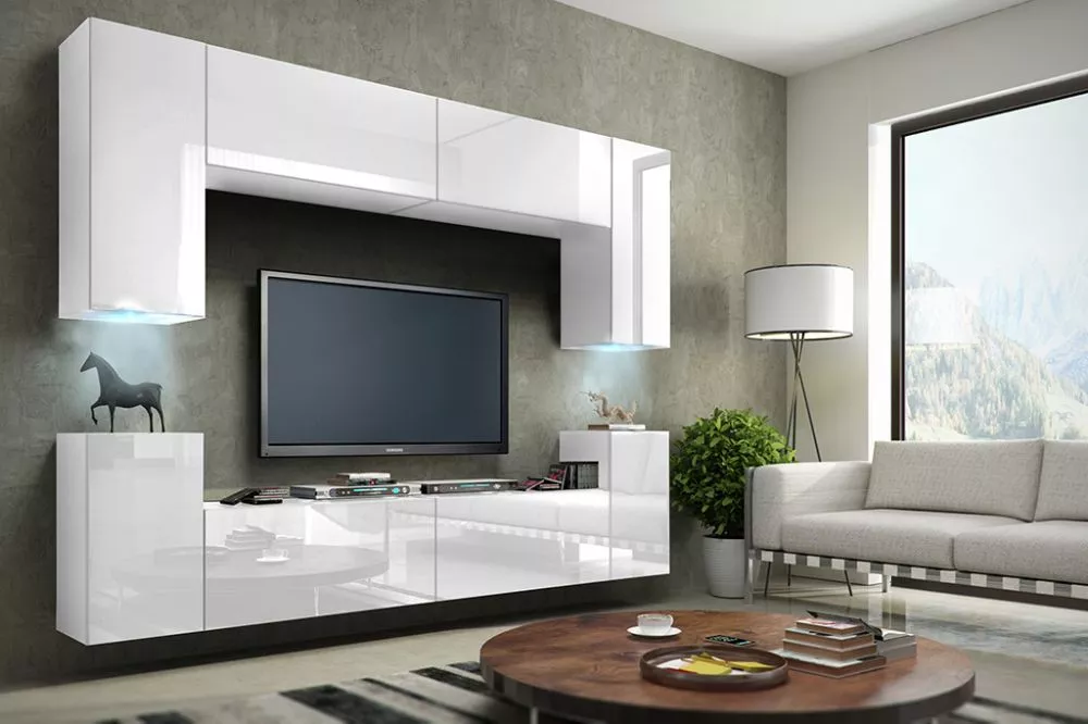 Sekcija Concept 1 gloss ar LED · Balts · 256 × 35 × 170 cm
