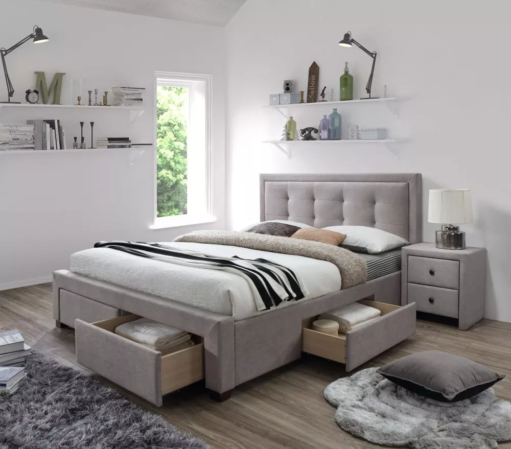 Gulta Evora 160x200 ar stelāžu Guļamvietas platums: 160 cm, Guļamvietas garums: 200 cm, · Bēšs · 164 × 215 × 111 cm
