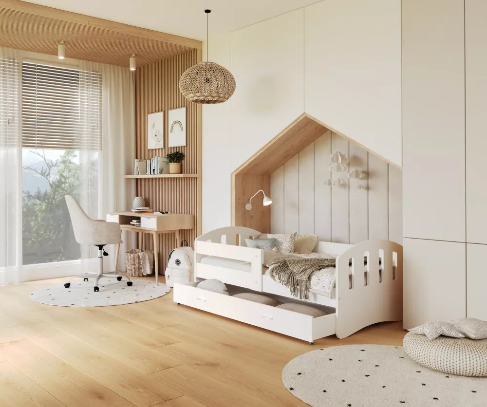 Bērnu gulta Happy 80x140 ar stelāžu Guļamvietas platums: 80 cm, Guļamvietas garums: 140 cm, · 85 × 143 × 65 cm