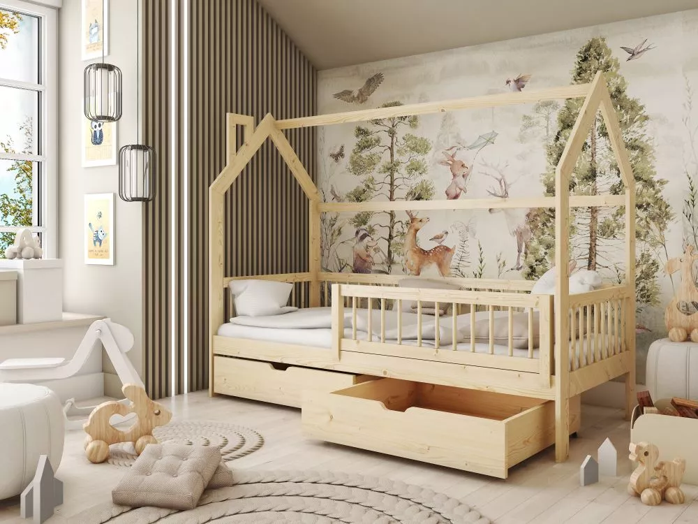 Bērnu gulta Oskar ar stelāžu Guļamvietas platums: 80 cm, Guļamvietas garums: 200 cm, · Priede · 86 × 204 × 148 cm