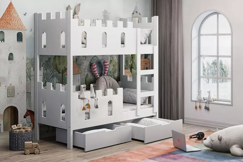 Bērnu gulta Zamek ar stelāžām Guļamvietas platums: 75 cm, Guļamvietas garums: 160 cm, · Balts · 81 × 168 × 160 cm