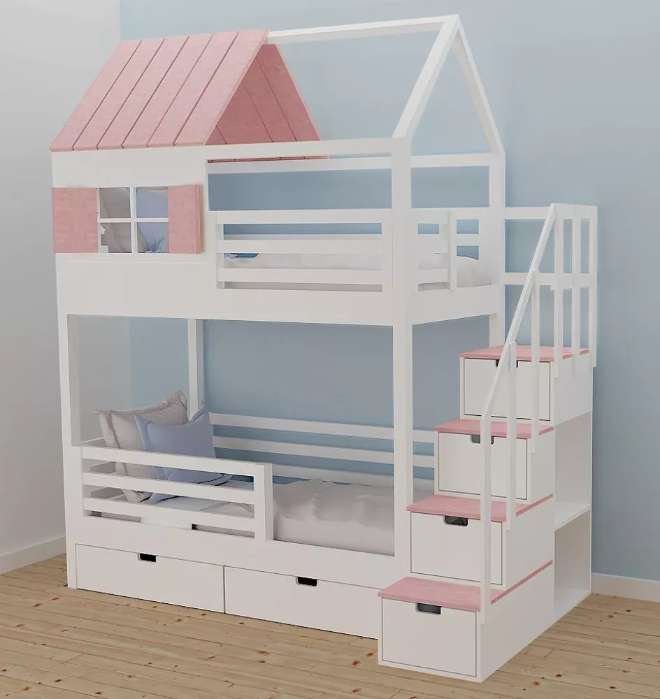 Bērnu gulta 106P ar stelāžām Kāpņu puse: Pa labi, Guļamvietas platums: 90 cm, Guļamvietas garums: 200 cm, · 118 × 252 × 