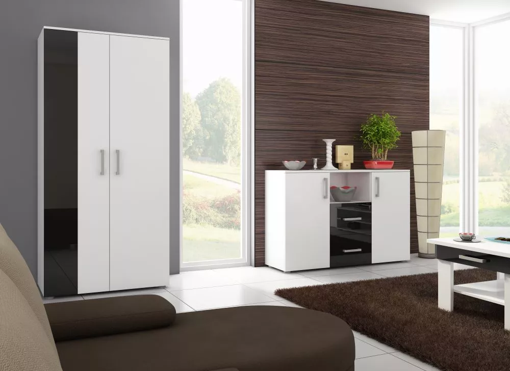 Kumode Stella STE 01 · Balts + melns spīdums · 135 × 39.2 × 88 cm
