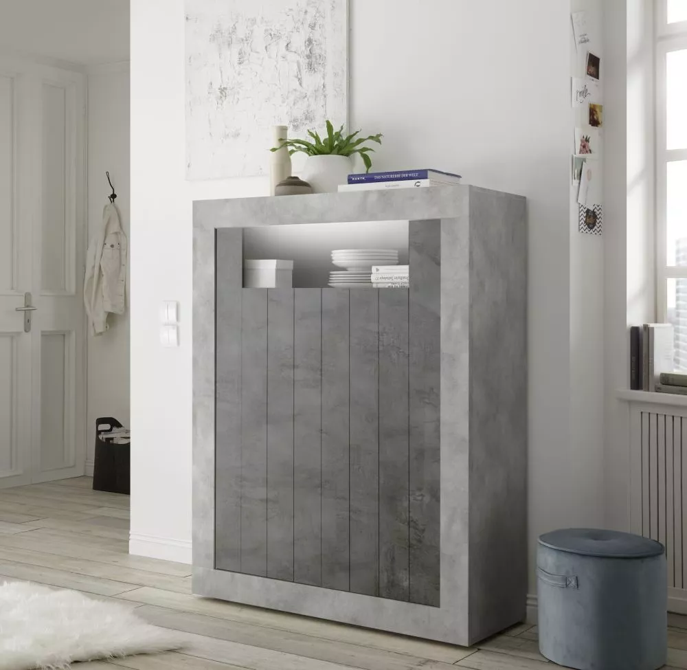 Grāmatu skapis Urbino KW2D ar LED Korpusa krāsa: betons, Elementu krāsa: tumšais betons, · 110 × 42 × 144 cm