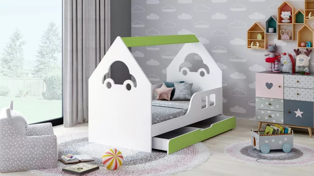 Bērnu gulta House Comfort ar stelāžu Guļamvietas platums: 70 cm, Guļamvietas garums: 140 cm, · 74.5 × 145 × 106 cm