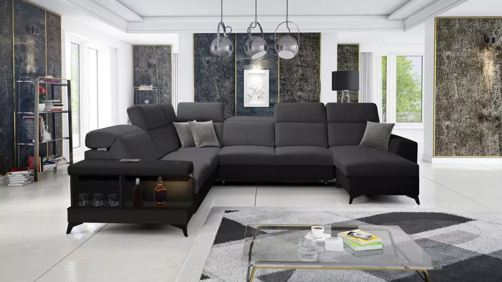 Dīvāns Belutti 8 Satin Black Standard ar LED · Grafīts + melns · 288 × 362 × 84 cm