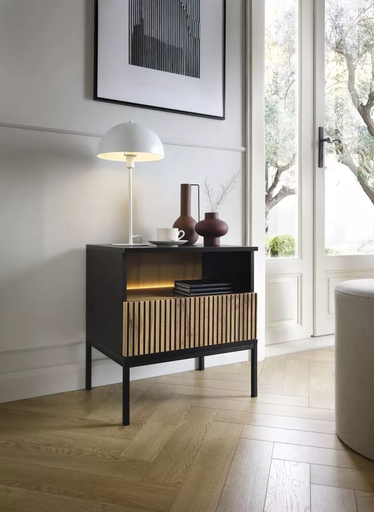 Naktsgaldiņš Sento S54 ar LED Korpusa krāsa: melns, Elementu krāsa: ozols votāns, · 53.6 × 39 × 56.2 cm
