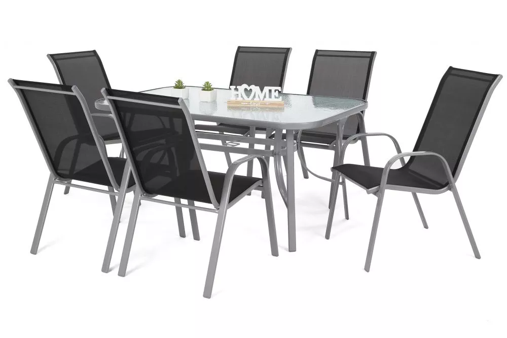 Komplekts Sevilla 6+1 Personu skaits: 6, Korpusa krāsa: sudraba, Elementu krāsa: melns, · 150 cm