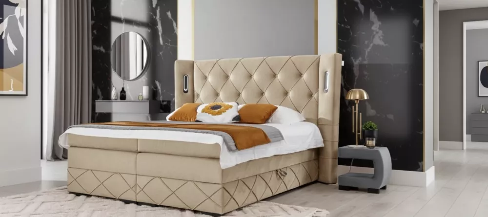Gulta Focus Lux Boxspring Standard ar LED Guļamvietas platums: 180 cm, Guļamvietas garums: 200 cm, · Krēms · 228 × 212 ×