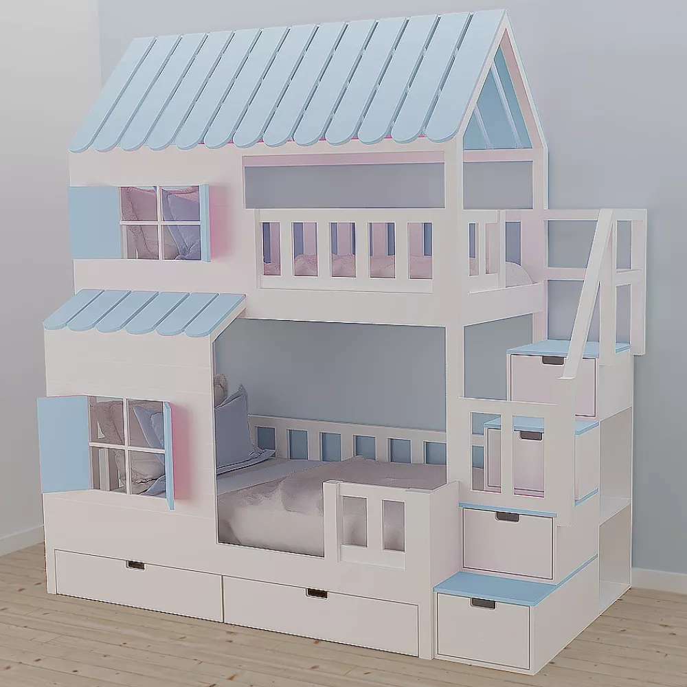 Bērnu gulta 107P ar stelāžām Kāpņu puse: Pa labi, Guļamvietas platums: 90 cm, Guļamvietas garums: 200 cm, · 127 × 252 × 