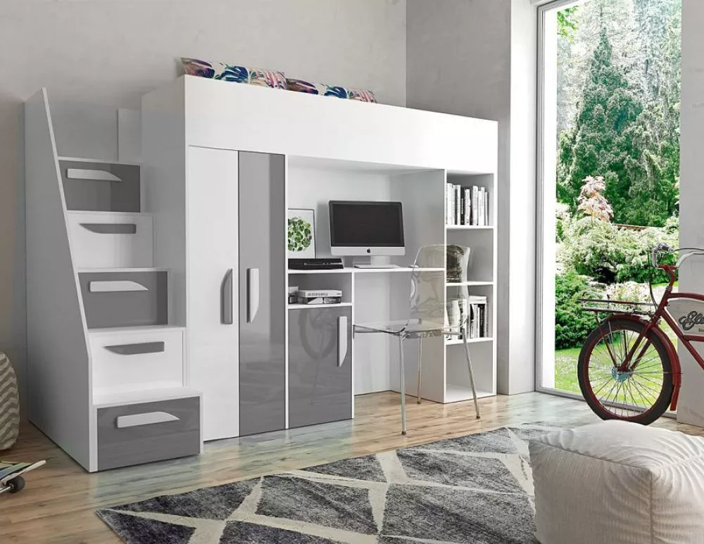 Bērnu gulta Party 14 ar stelāžu Guļamvietas platums: 90 cm, Guļamvietas garums: 200 cm, · 120 × 247 × 165 cm