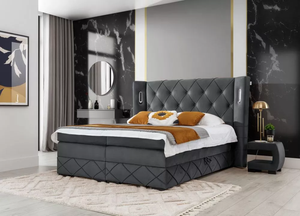 Gulta Focus Lux Boxspring Standard ar LED Guļamvietas platums: 160 cm, Guļamvietas garums: 200 cm, · Antracīts · 208 × 2
