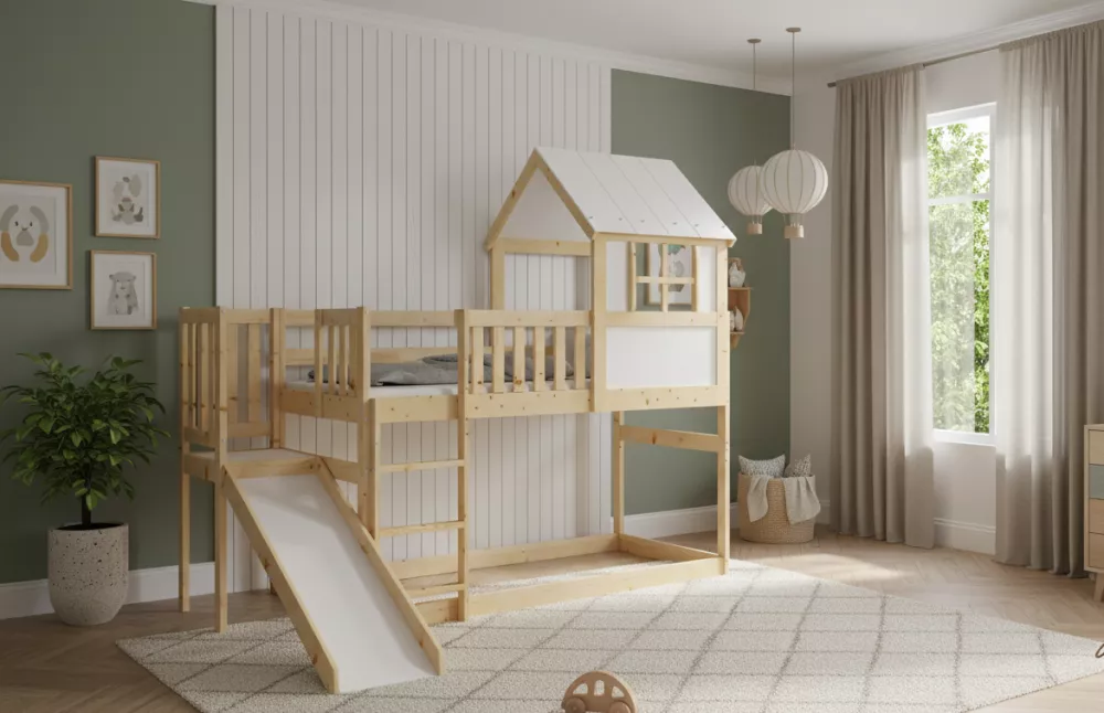 Bērnu gulta Antresola Domek 90x200 ar stelāžām Guļamvietas platums: 90 cm, Guļamvietas garums: 200 cm, · Priede · 145 × 