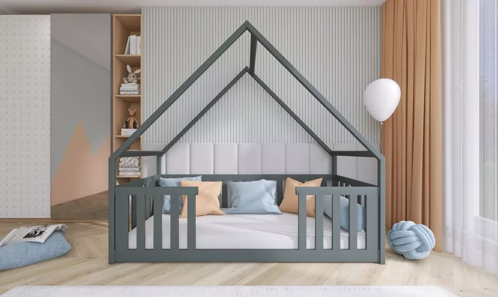 Bērnu gulta Bee ar stelāžu Guļamvietas platums: 80 cm, Guļamvietas garums: 180 cm, · Grafīts · 87 × 188 × 184 cm