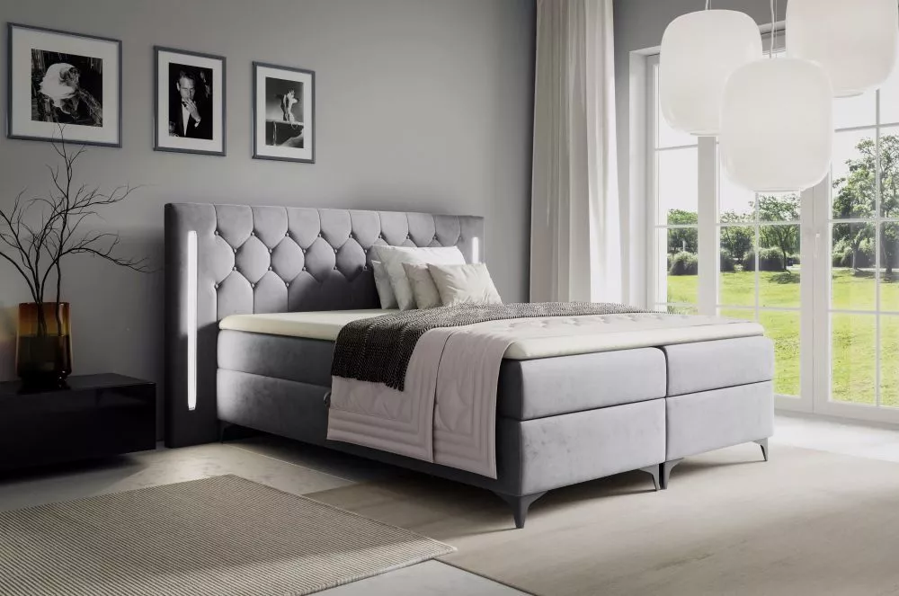 Gulta California Boxspring Standard ar LED Guļamvietas platums: 160 cm, Guļamvietas garums: 200 cm, · Pelēks · 192 × 208