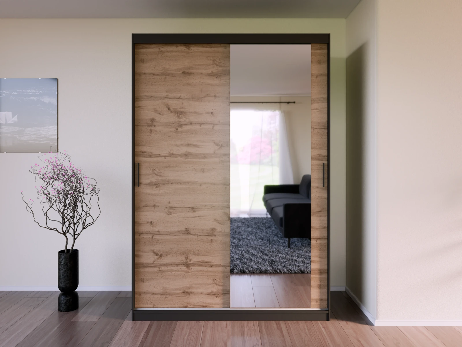 Skapis Bregi 150 · Ozols votāns + melns · 150 × 60 × 215 cm