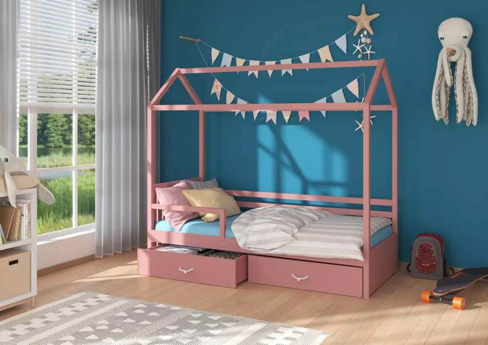 Bērnu gulta Rose ar stelāžu Guļamvietas platums: 90 cm, Guļamvietas garums: 200 cm, · Rozā · 97 × 208 × 172 cm
