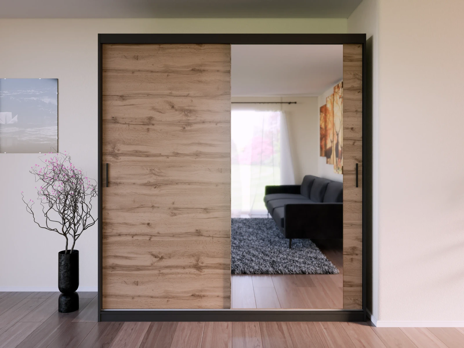 Skapis Bregi 200 · Ozols votāns + melns · 200 × 60 × 215 cm