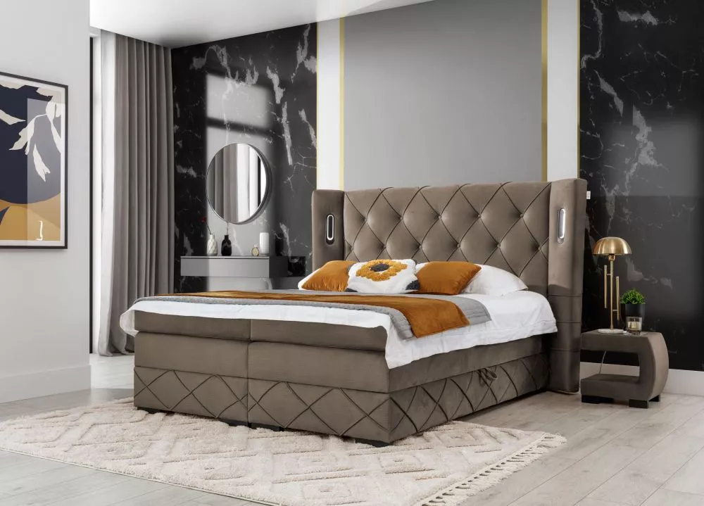 Gulta Focus Lux Boxspring Standard ar LED Guļamvietas platums: 120 cm, Guļamvietas garums: 200 cm, · Brūns · 168 × 212 ×