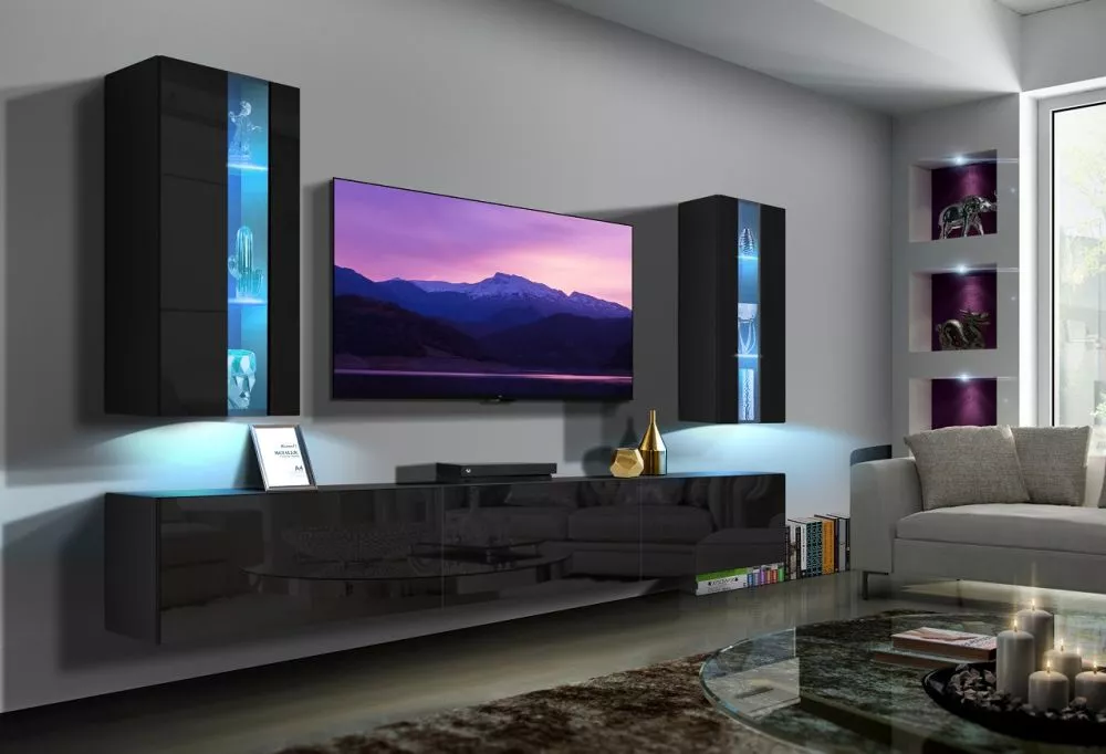 Sekcija Next 20 gloss ar LED · Melns · 249 × 35 × 173 cm