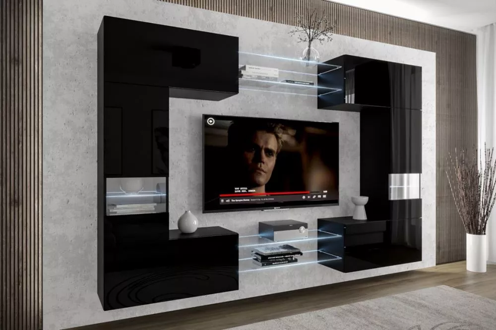 Sekcija Concept 29N gloss ar LED · Melns · 254,3 × 35 × 165 cm