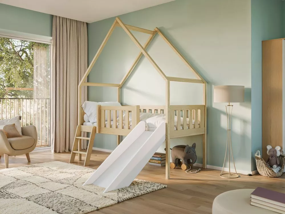 Bērnu gulta Angel 80x180 ar stelāžu Guļamvietas platums: 80 cm, Guļamvietas garums: 180 cm, · Priede · 87 × 188 × 220 cm