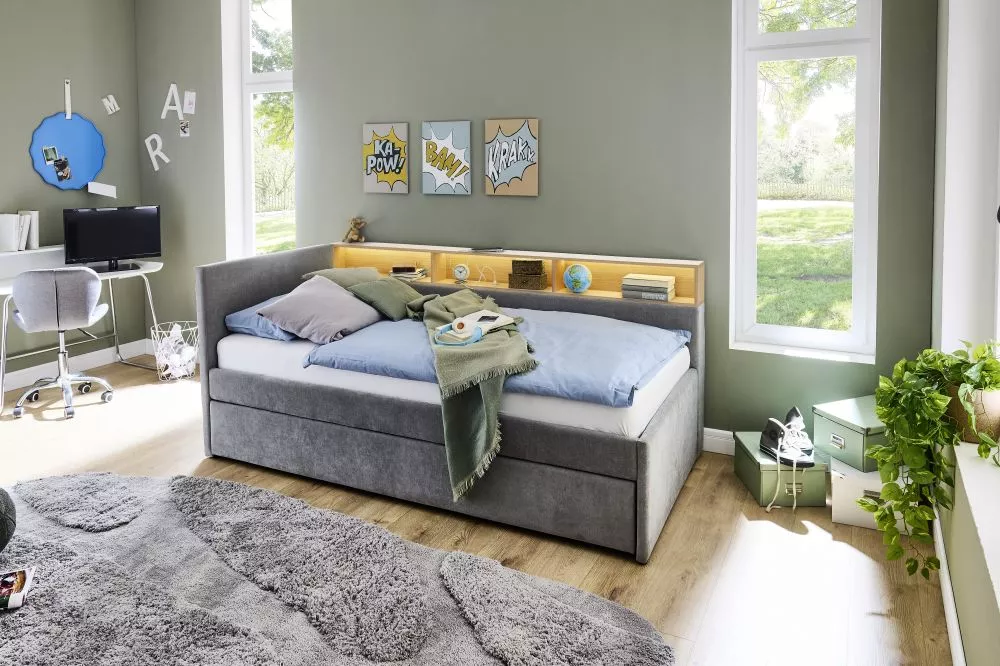 Gulta Uno Standard ar stelāžu Guļamvietas platums: 90 cm, Guļamvietas garums: 200 cm, · Pelēks · 112 × 210 × 91 cm
