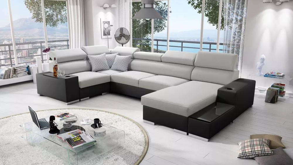 Dīvāns Perseo 4 Maxi Standard · Gaiši pelēks + melns · 205 × 358 × 95 cm