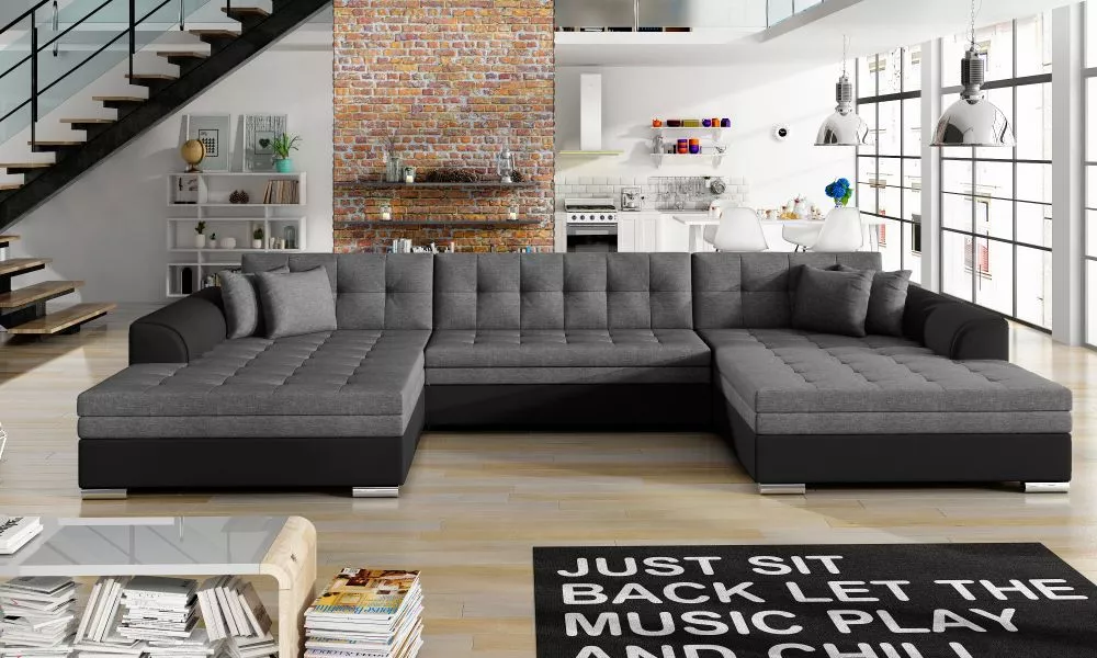Dīvāns Vento Lux standard · Pelēks + melns · 165 × 365 × 80 cm