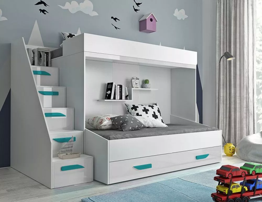 Bērnu gulta Party 16S ar stelāžām Guļamvietas platums: 90 cm, Guļamvietas garums: 200 cm, · 135 × 247 × 165 cm