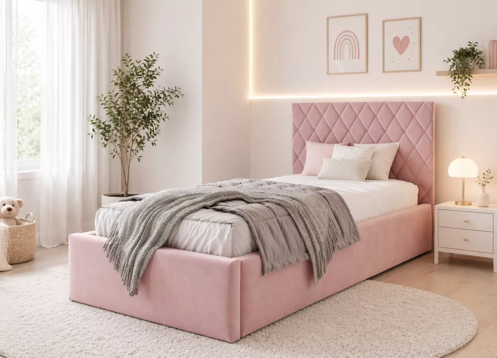 Gulta Azuro S10 Standard ar stelāžu Guļamvietas platums: 120 cm, Guļamvietas garums: 200 cm, · Rozā · 134 × 214 × 101 cm